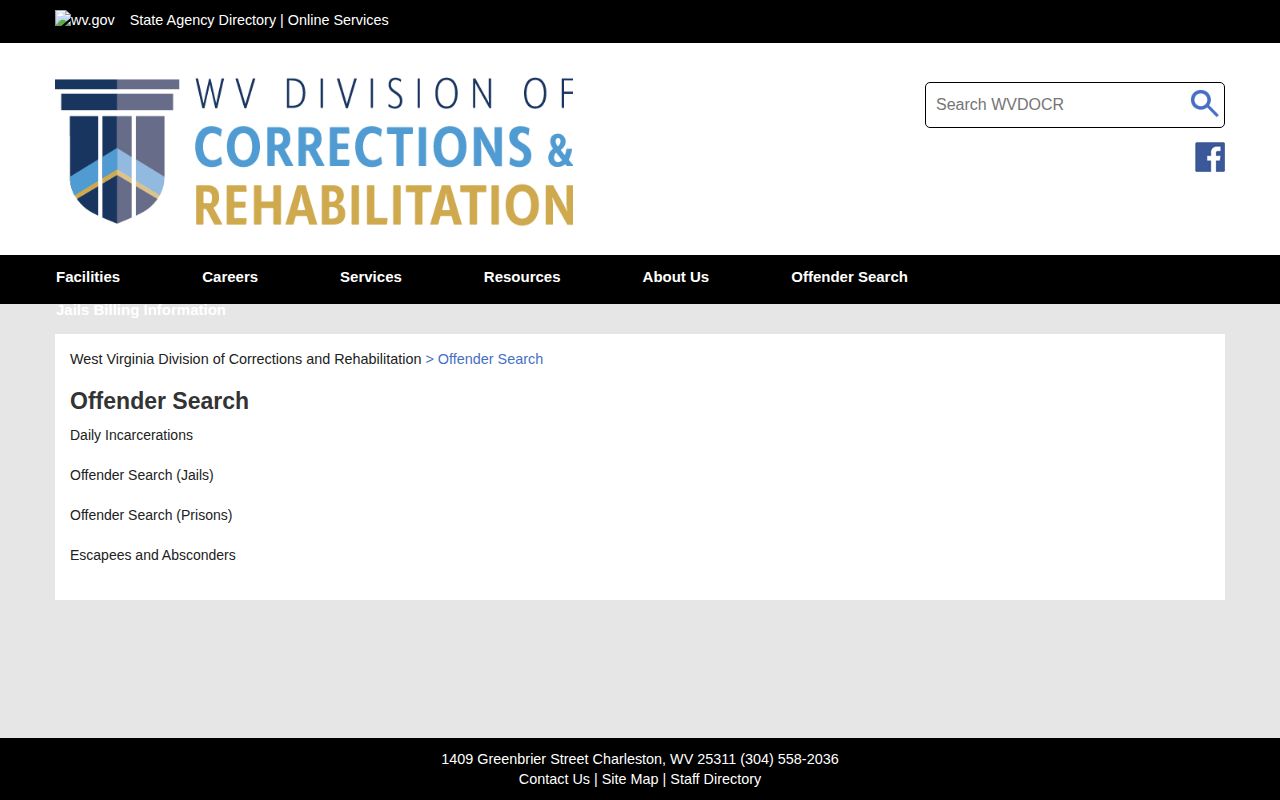 Upshur County regional jail custody record search on the WVDCR offender search page